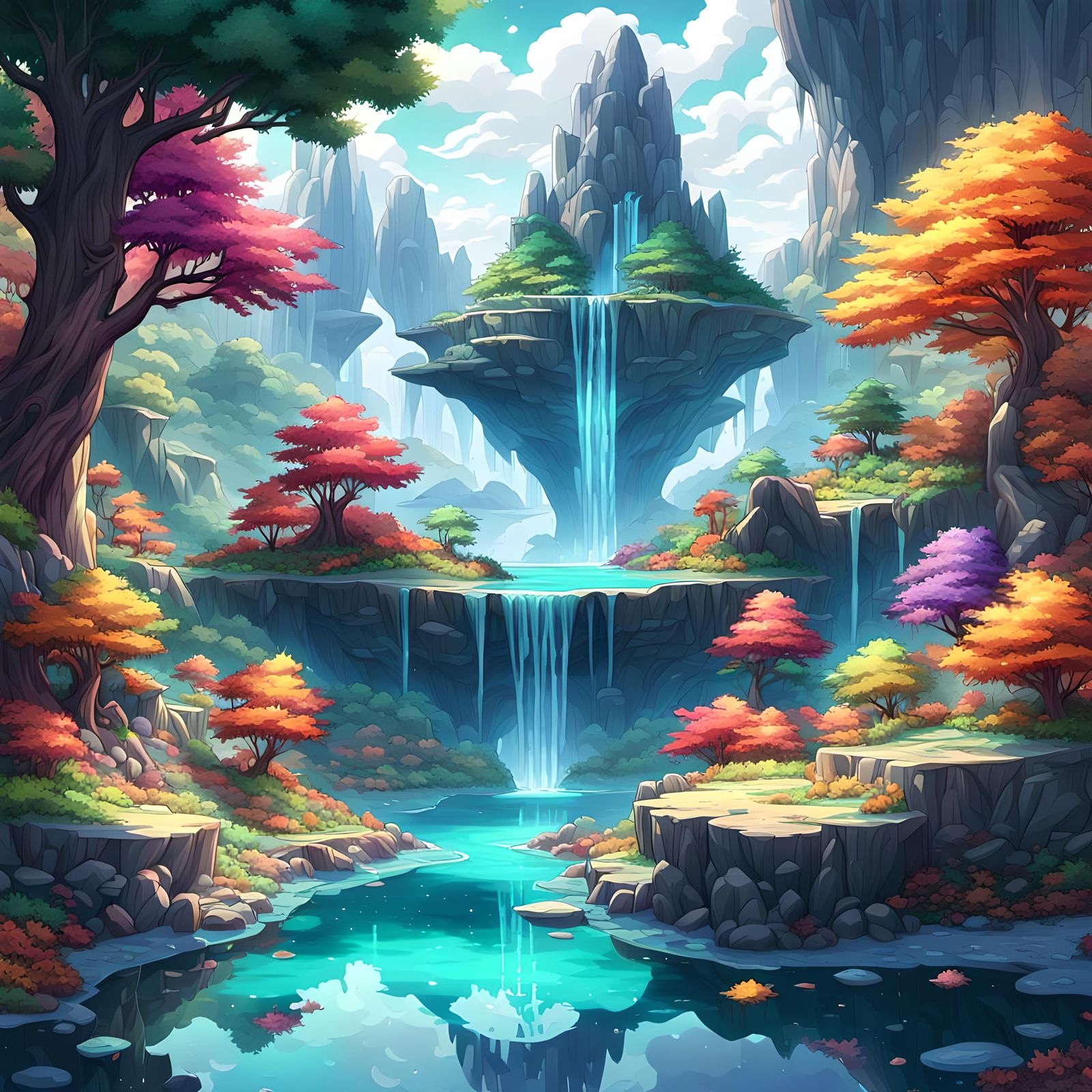 Enchanted Crystal Pool with Floating Island, Digital Art