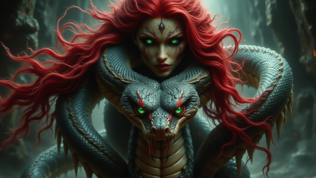 Ominous Sorceress With Cobra In Fantasy Horror Style