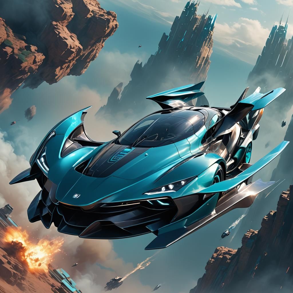 Futuristic Flying Sports Car Concept Art in Matte Painting S...