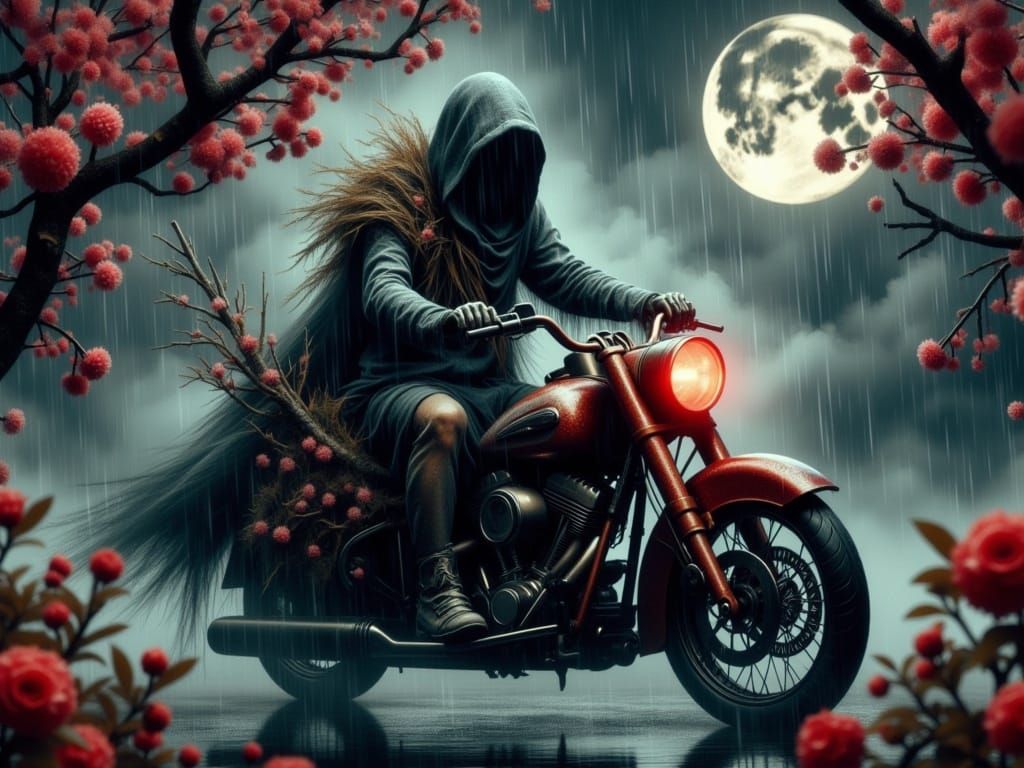 Dark Reaper Rides a Motorcycle Under a Blood-Red Moon