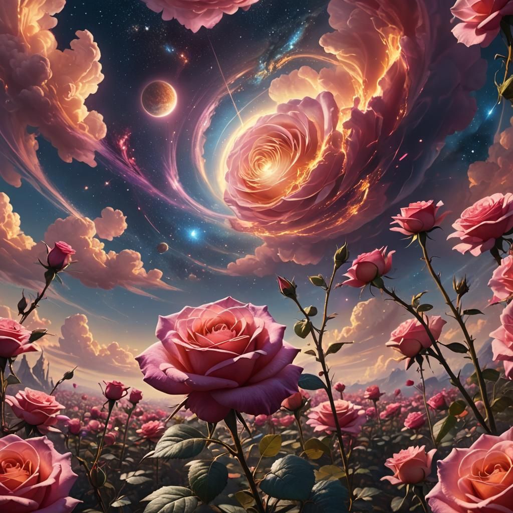 Rose Planet in Galaxy, Art Nouveau Style