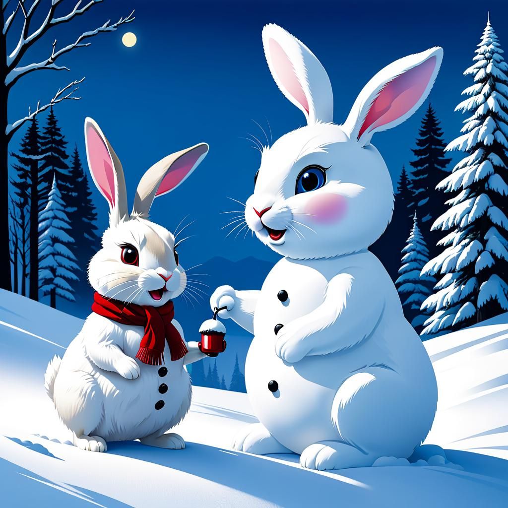 Cartoon Rabbit and Noseless Snowman by Joscha Sauer