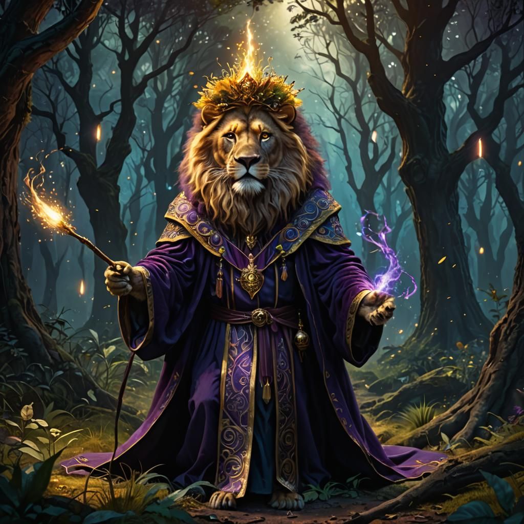 Lion Wizard Casting Spell in Mystic Forest