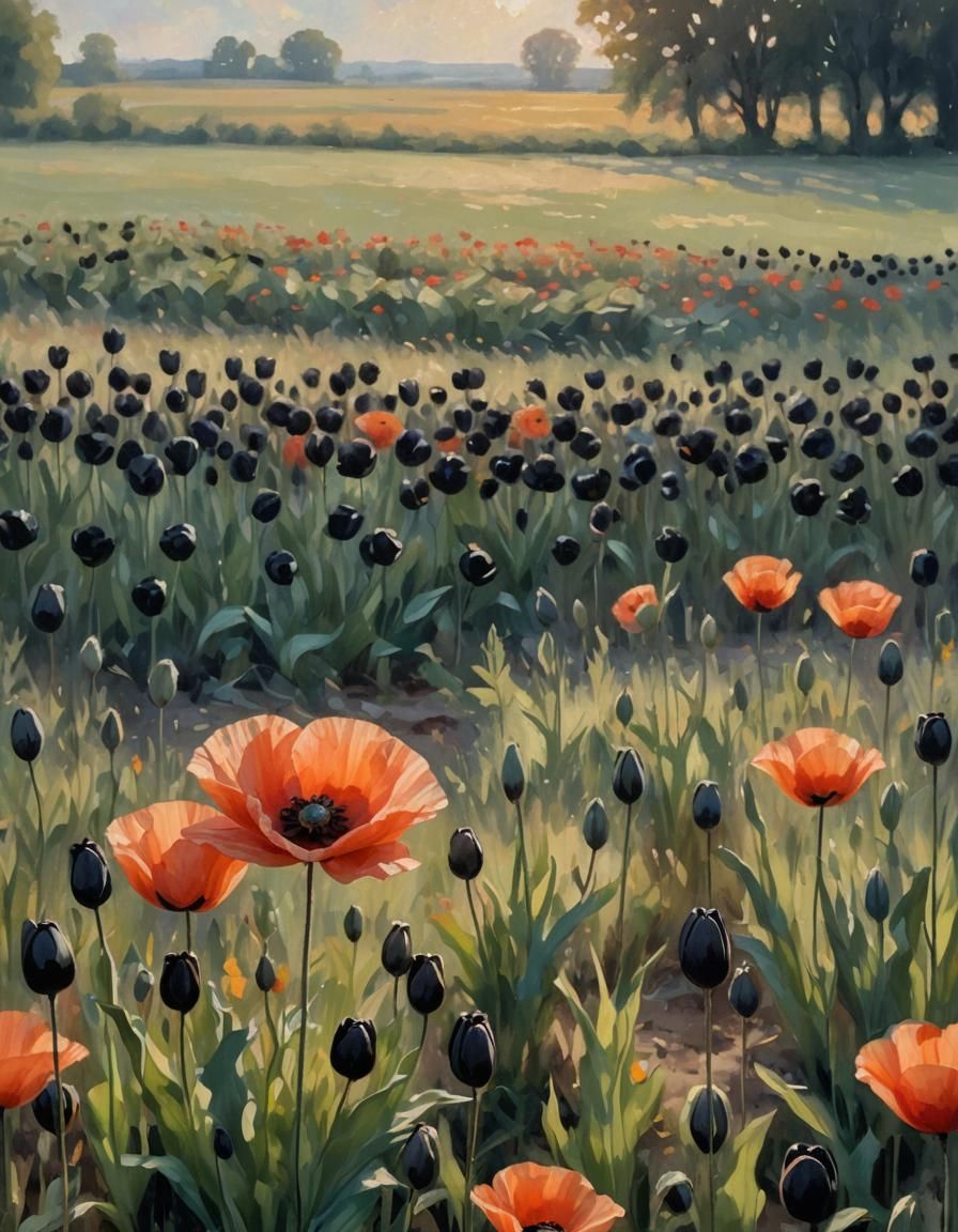 Poppy and Black Tulips in Impressionist Landscape