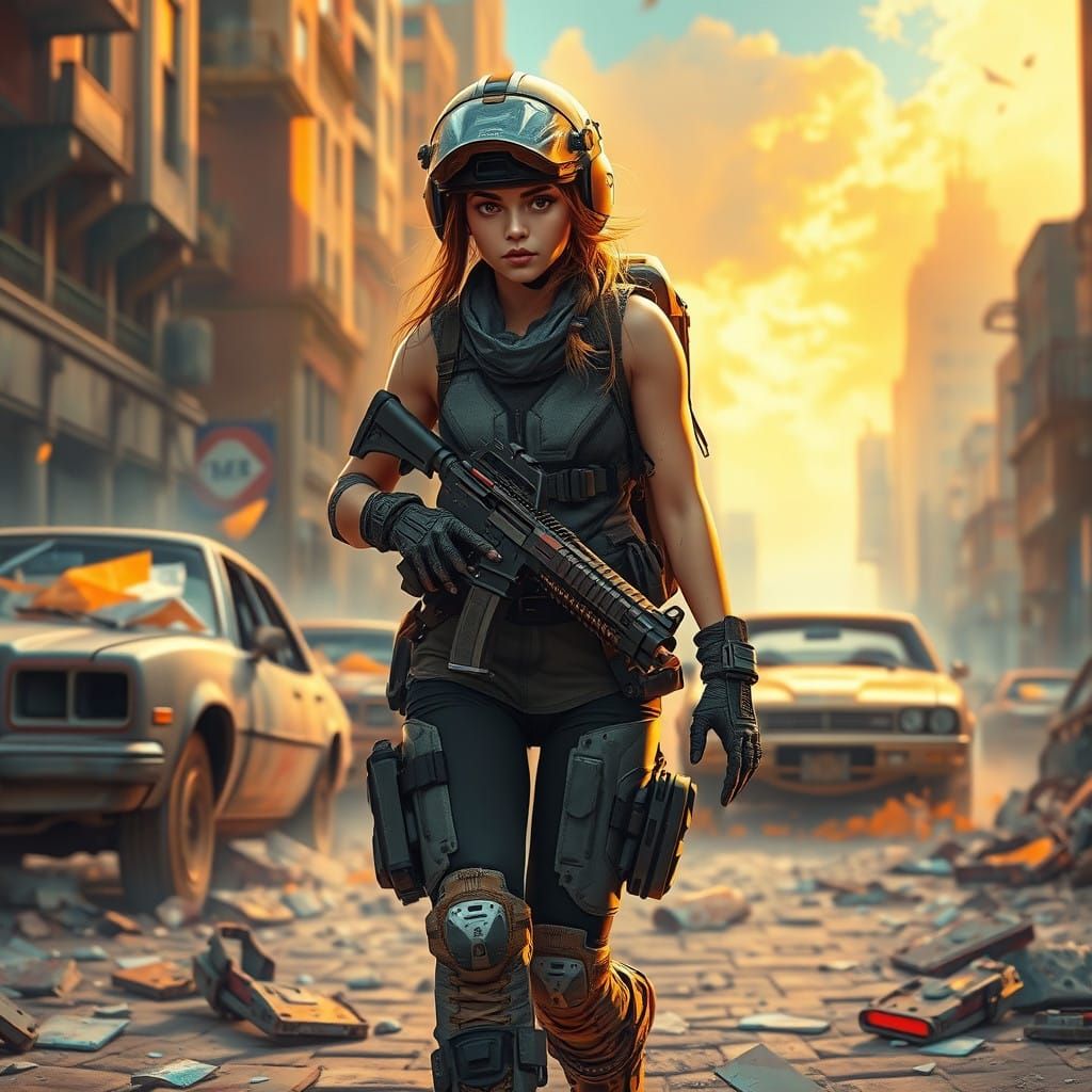 Warrior Woman Walks Ruins in Futuristic Cityscape