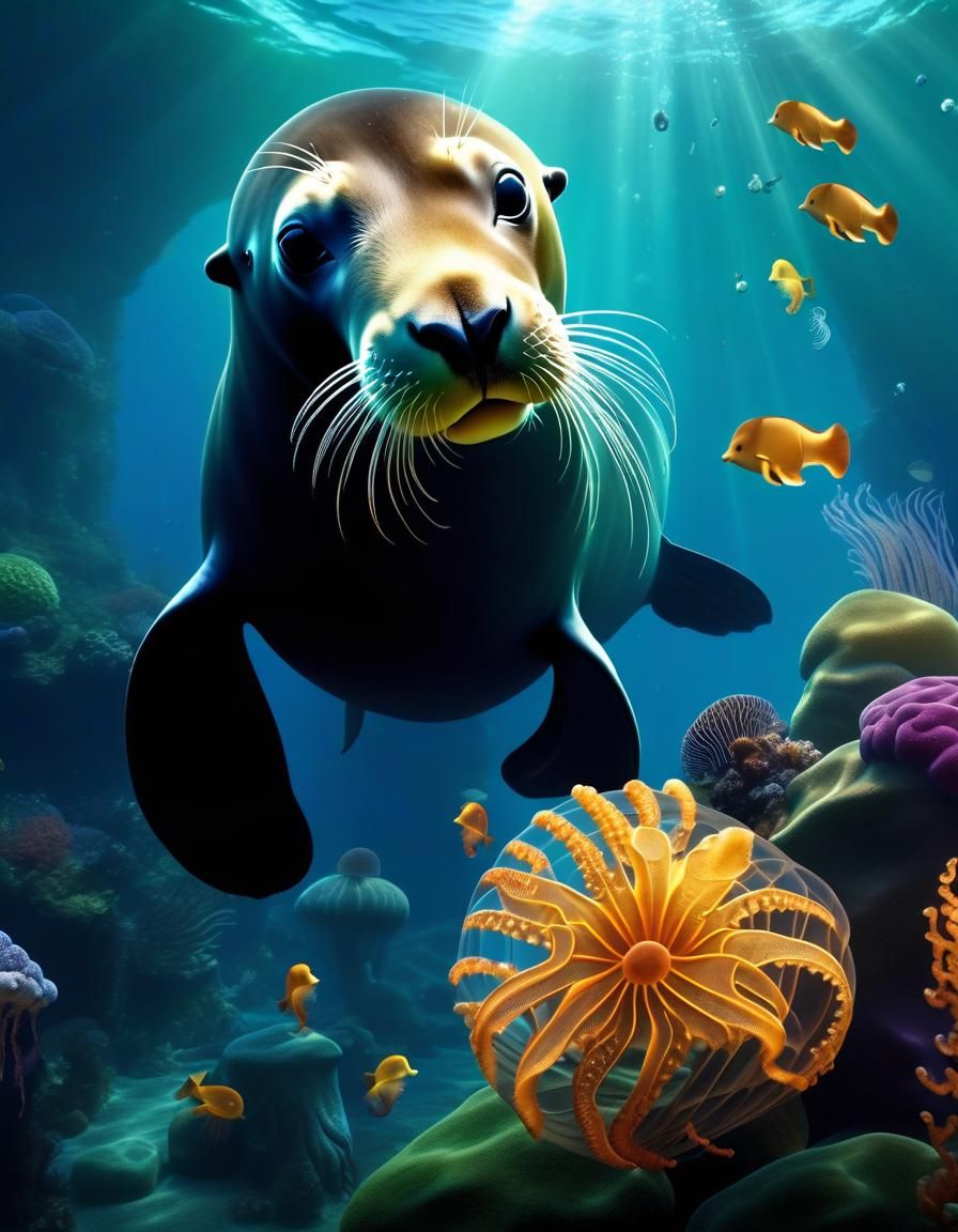 Adorable Sea Lion Gazing at Seahorse Underwater