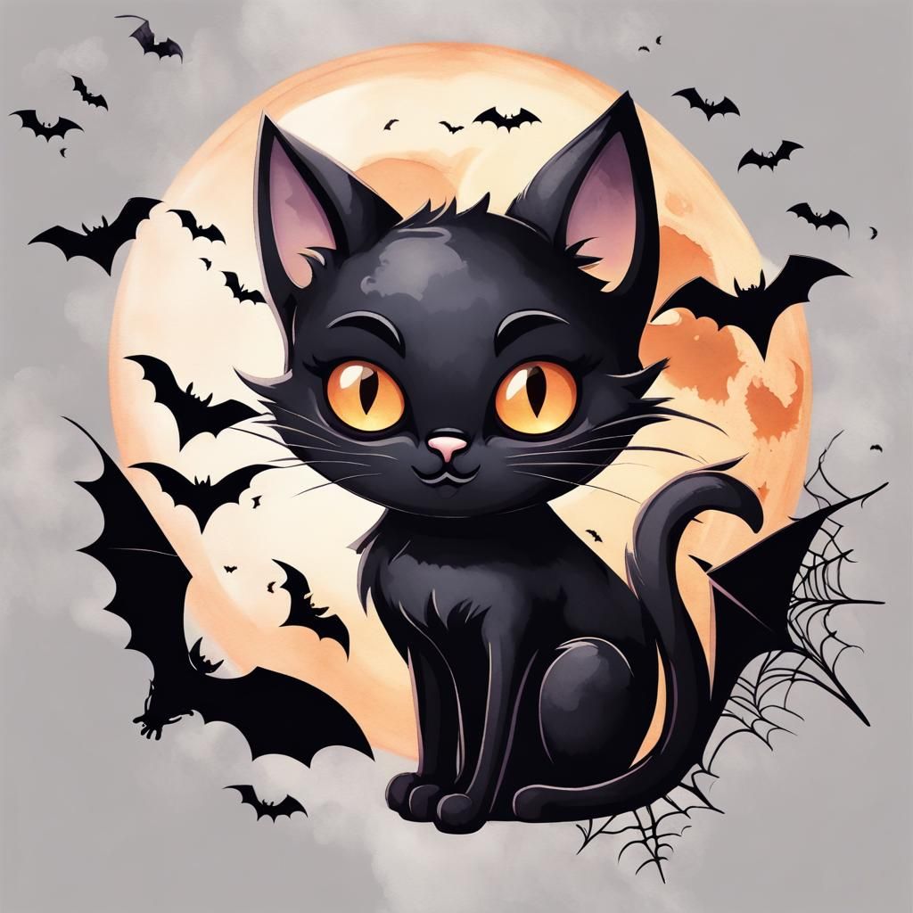 Cute Halloween Logo with Watercolor Cat and Bat