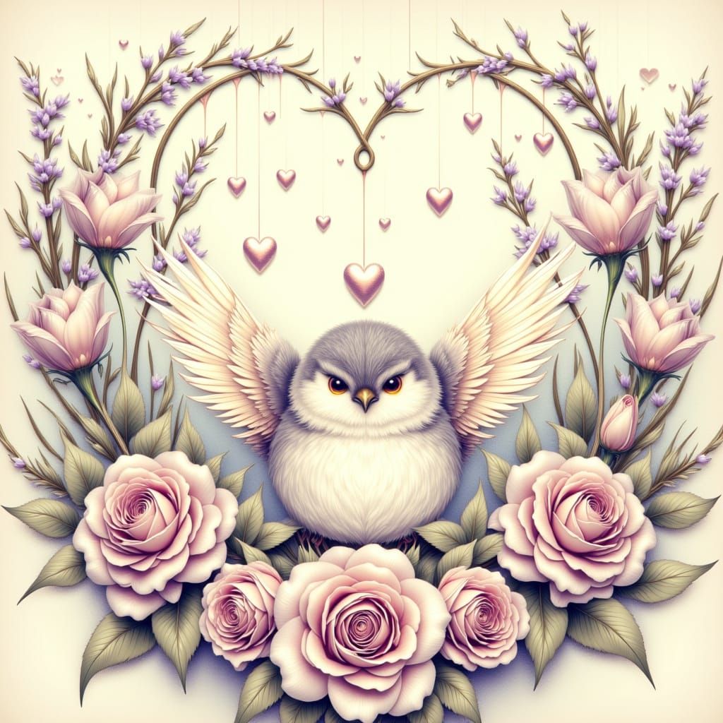 Whimsical Puffin with Flowers and Angel Wings Illustration