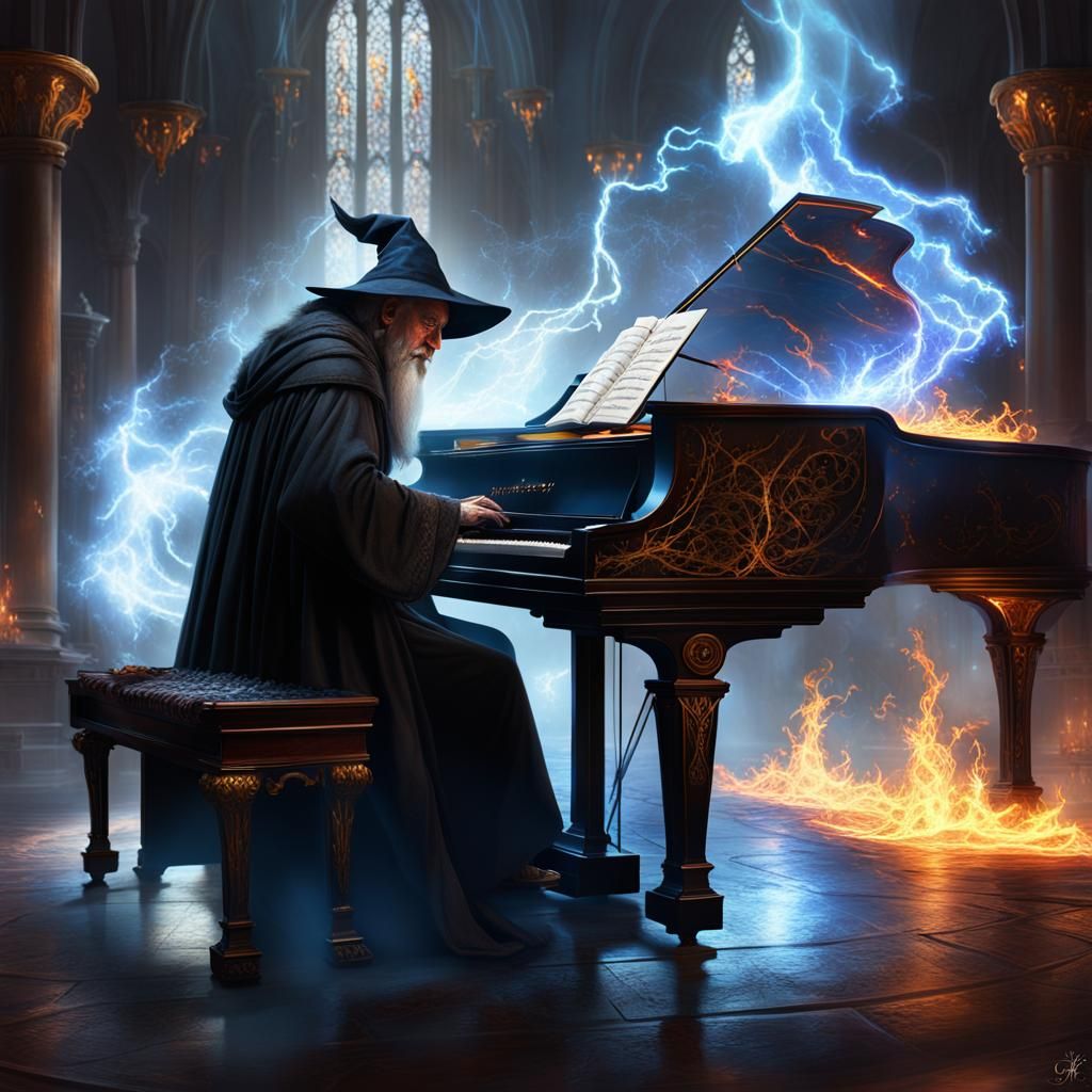 Dark Wizard Piano Performance in Dark Fantasy Style