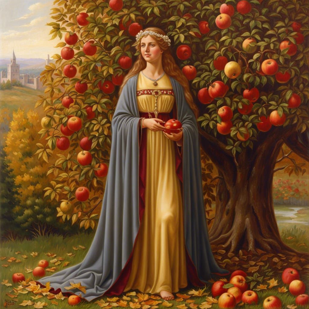 Medieval Maiden in Autumn Orchard, Pre-Raphaelite Style