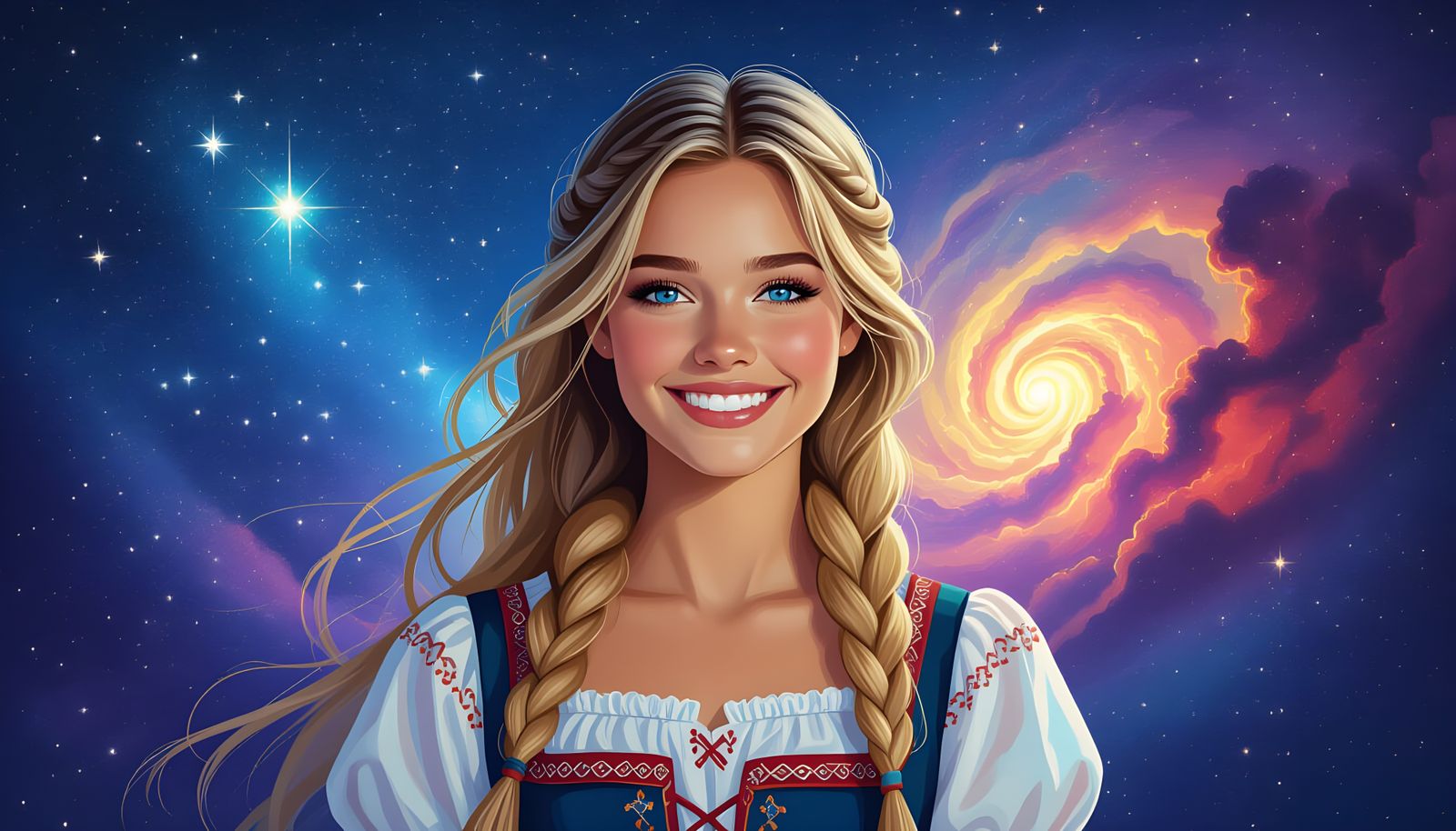 Nordic Woman Portrait with Swirling Starry Sky