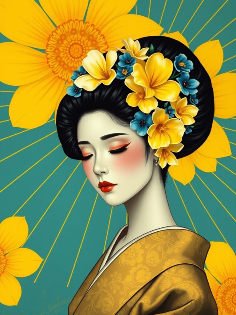 Elegant Woman with Flowers in Art Nouveau Style