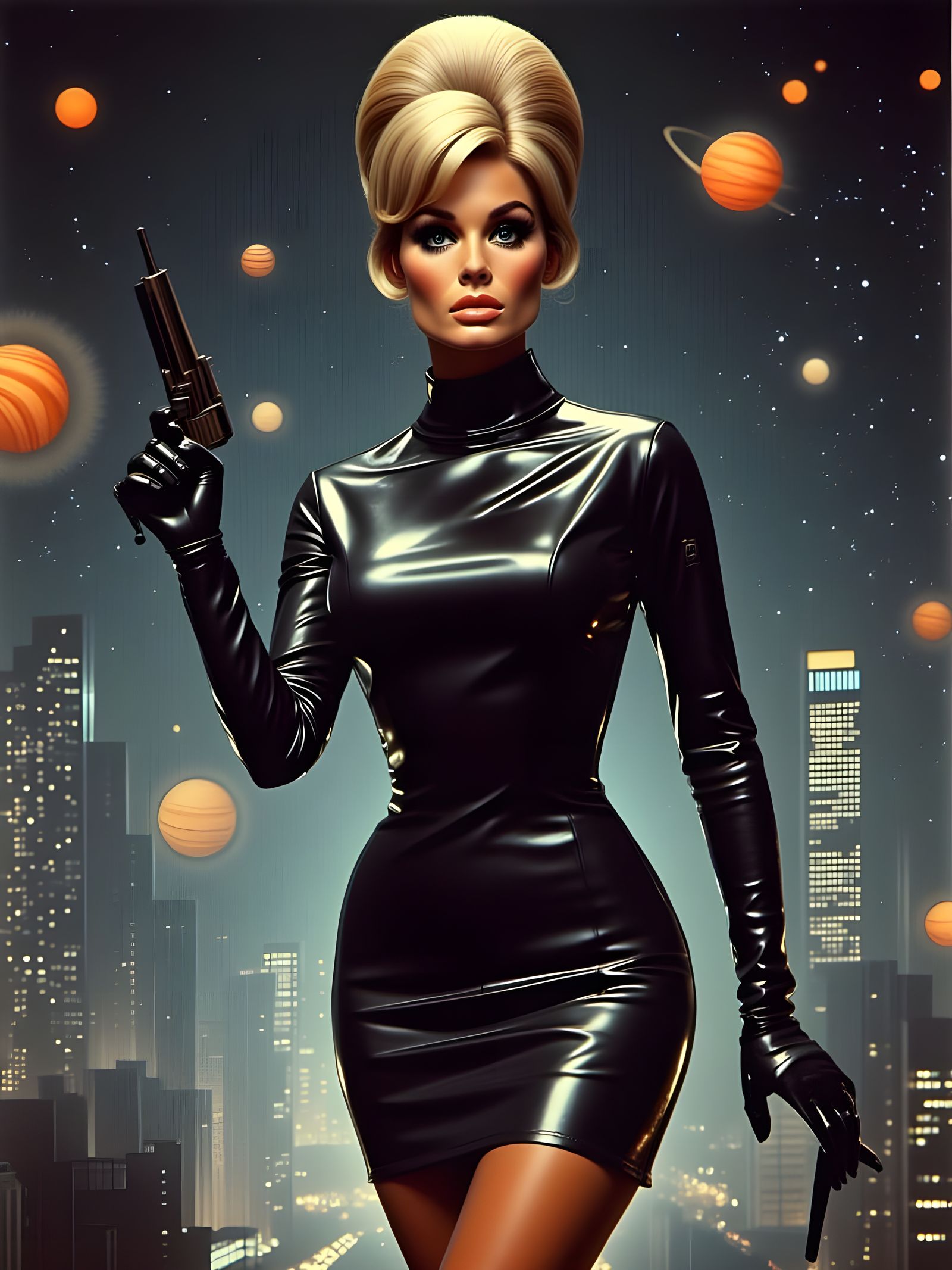 Futuristic Space Agent in 1960s Inspired Sci-Fi Cityscape