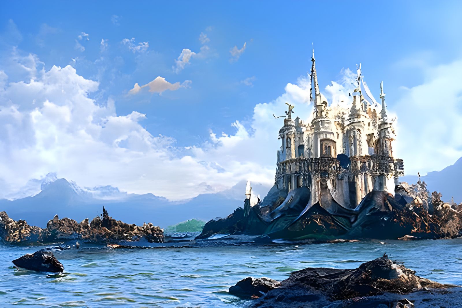 Majestic Medieval Castle on Island at Night