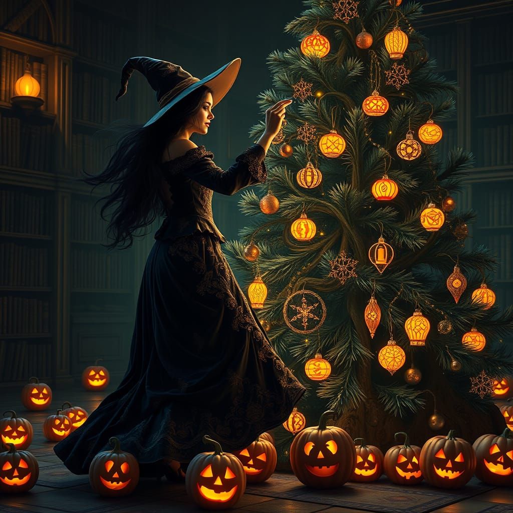 Witch Dances with Enchanted Tree Amidst Jack o' Lanterns
