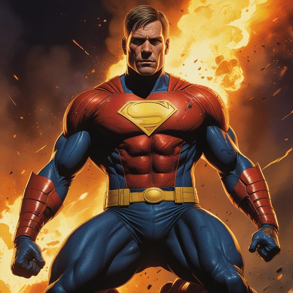 Hyper-Vigilant Superhero in Fiery Explosion