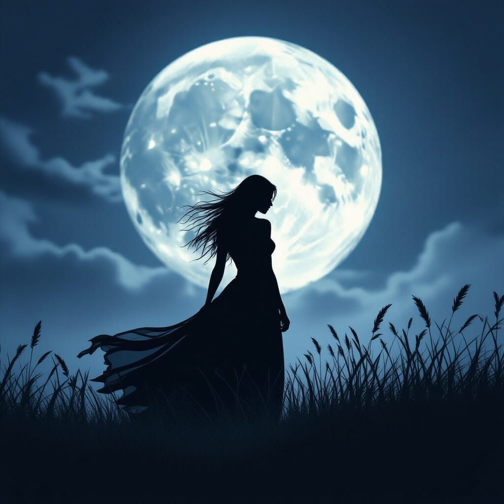 Ominous Silhouette Under Full Moon in Sad Meadow
