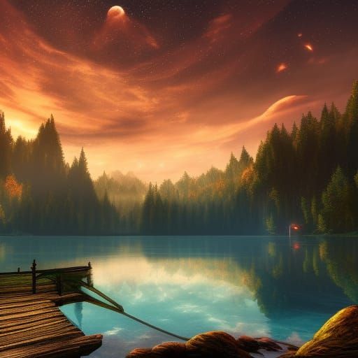Tranquil Lake Under Stars: Detailed Matte Painting
