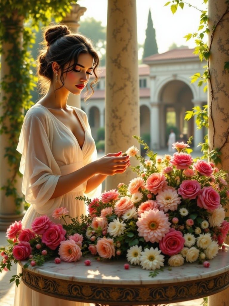 Classical Roman Flower Arranger in Warm Hues