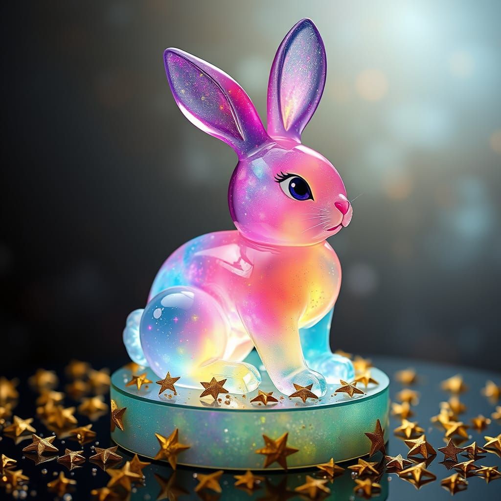 Celestial Gelatin Bunny Sculpture in Cosmic Art Style