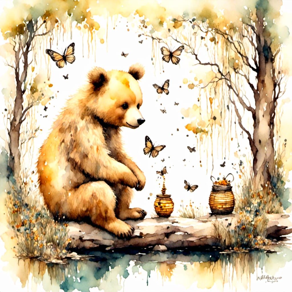 Honey Bear with Beehive in Watercolor Style