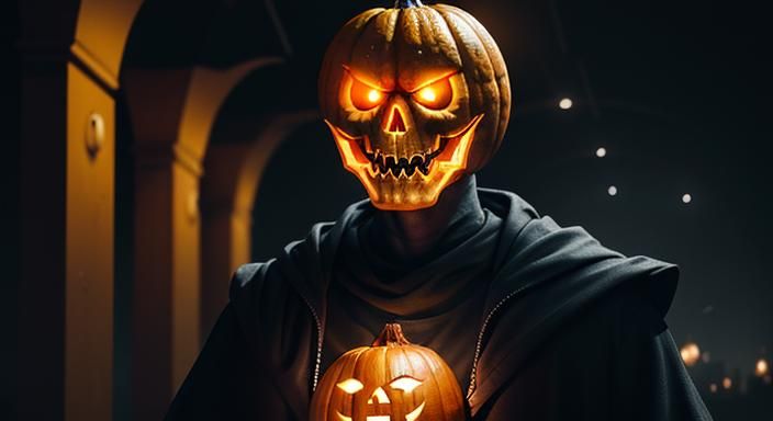 Halloween Pumpkin-Headed Figure in 3D Cinematic Art