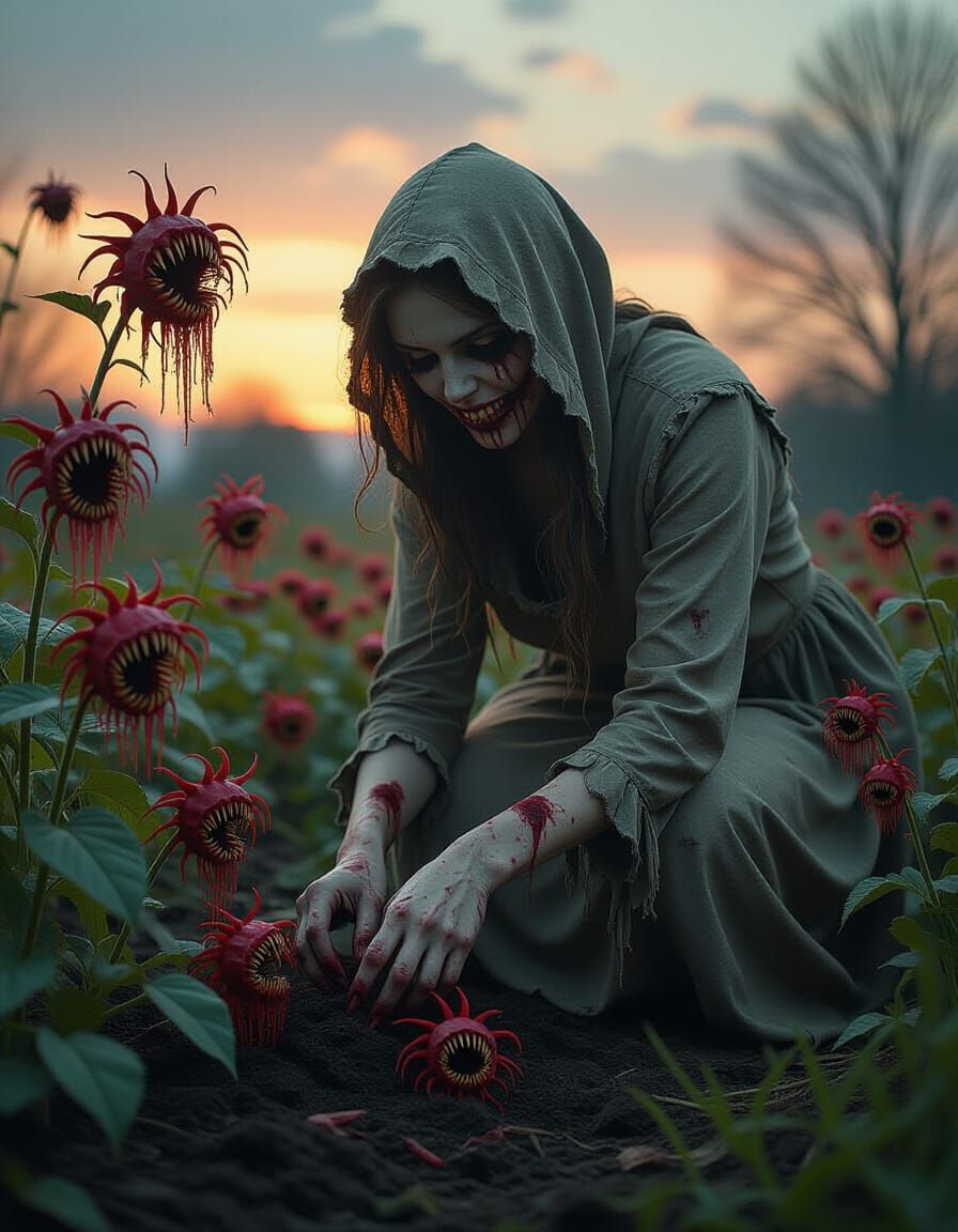 Creepy Woman Tends a Sinister Garden