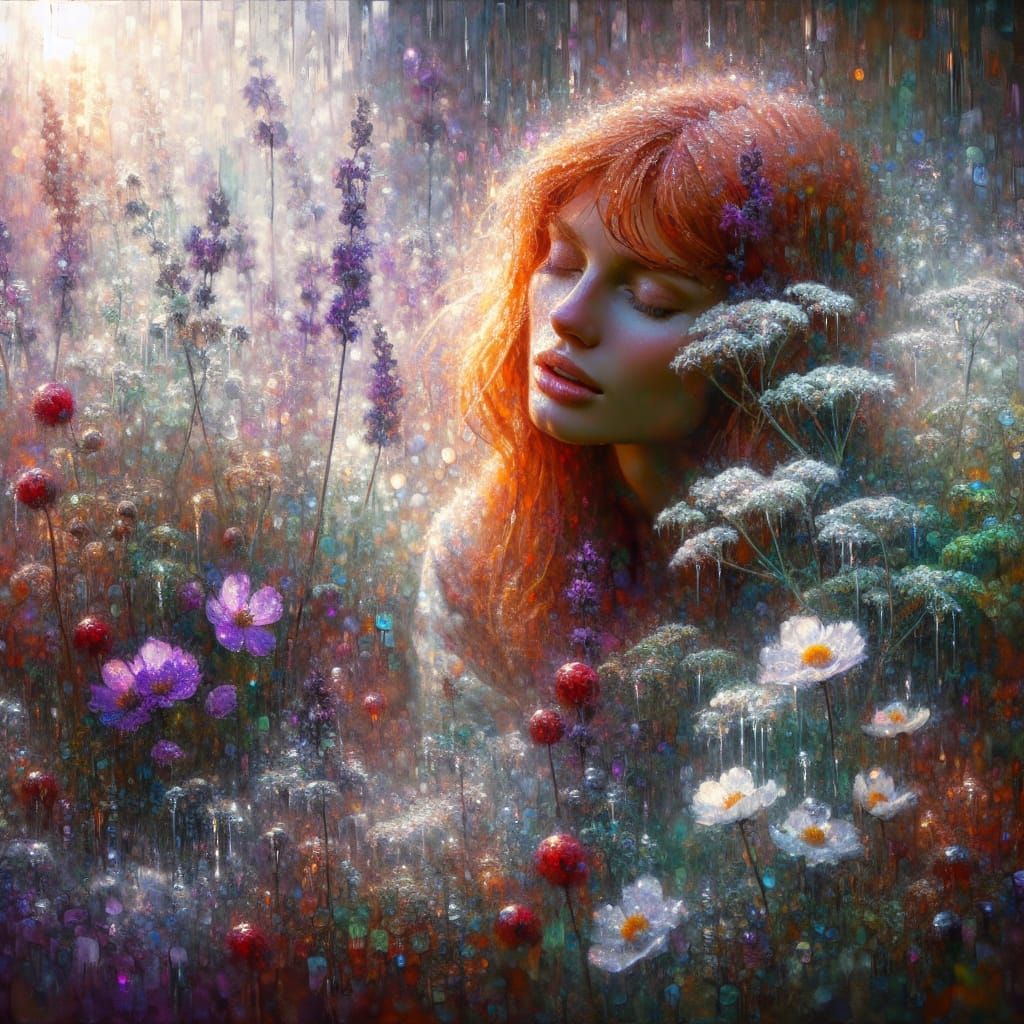 Impressionist Redhead Awakens in Dew-Kissed Meadow