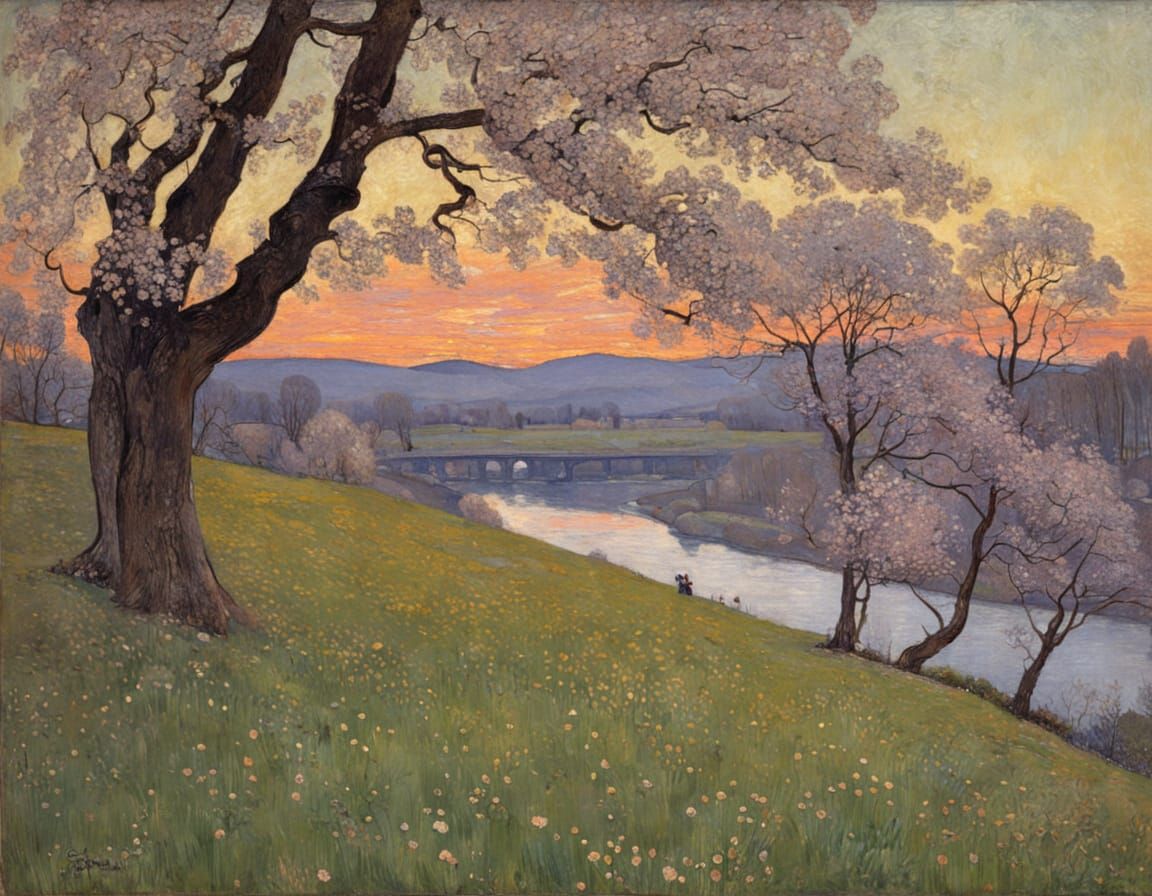 Surreal Landscape of Blooming Trees at Sunset