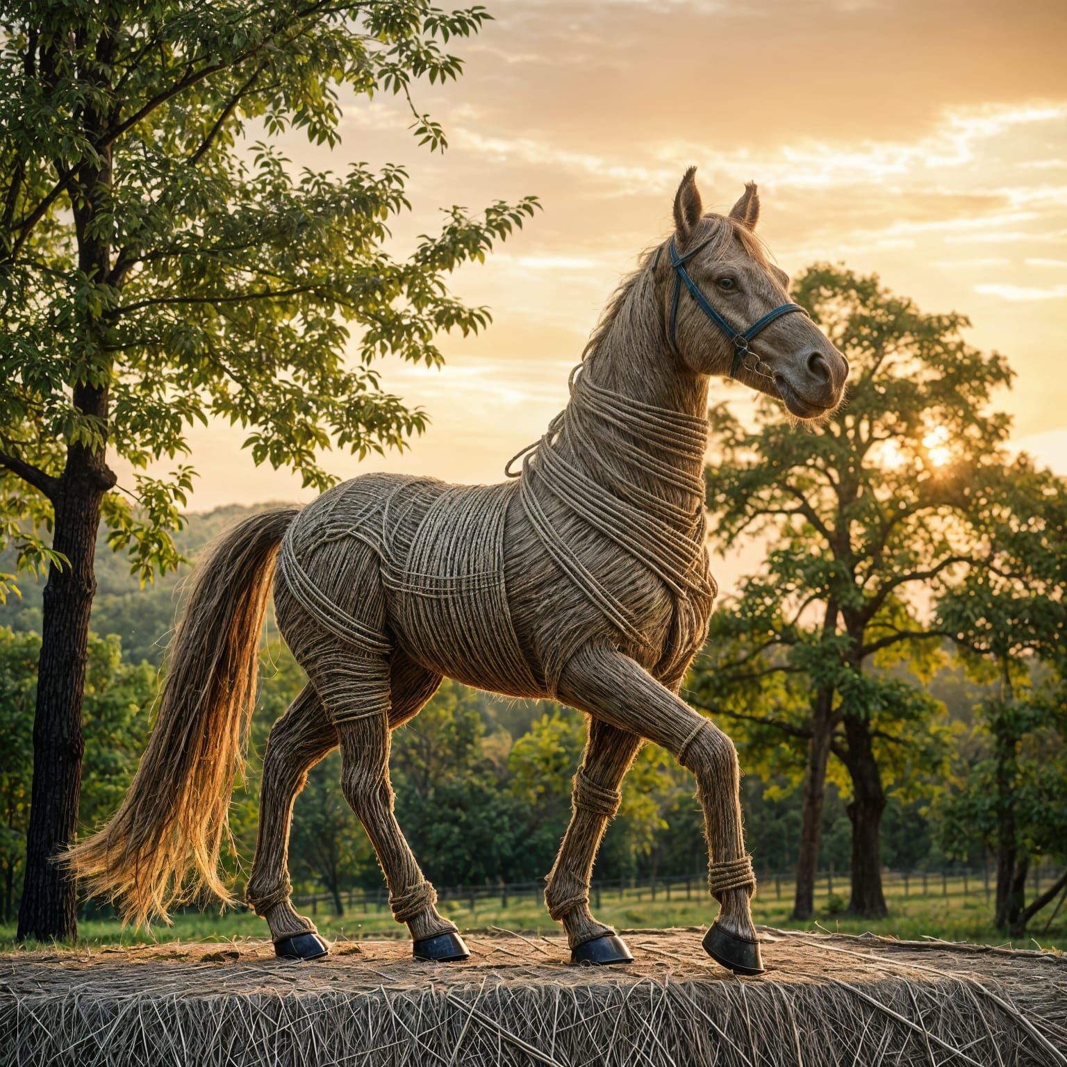 Jute Horse Sculpture at Sunrise