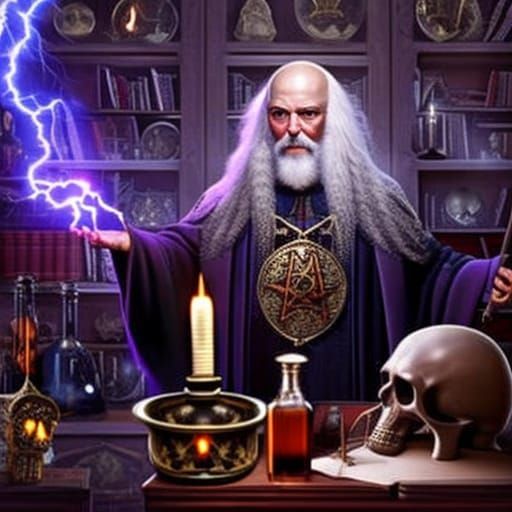 Wizard Casting Lightning Spell in Ornate Study