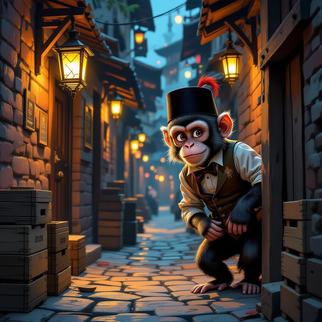 Mischievous Monkey in Alleyway, Painterly Concept Art