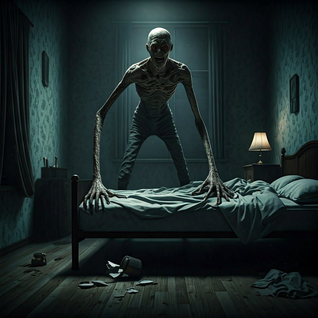 Menacing SCP-096 Creature in Dark Bedroom