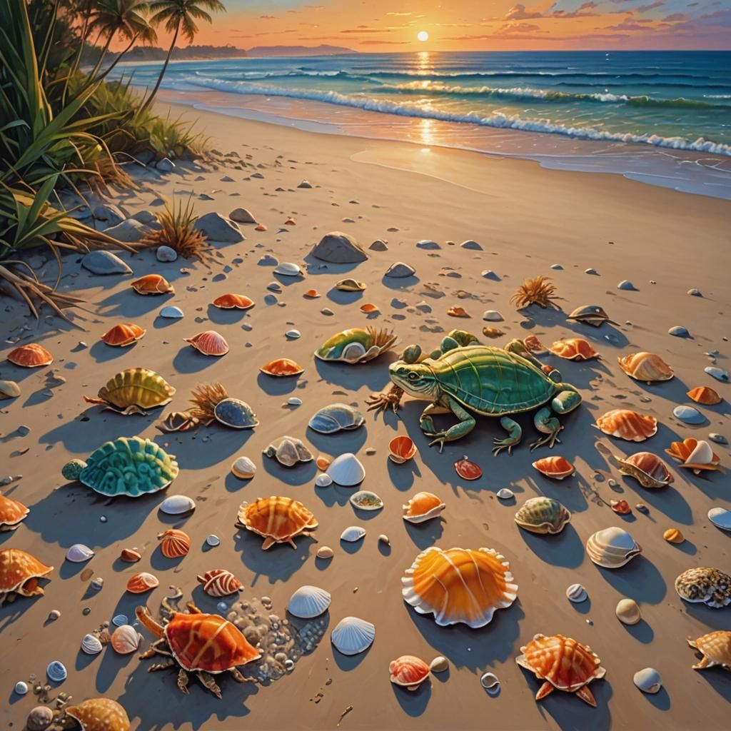 Colorful Beach Sunset with Lizard, Oil Painting