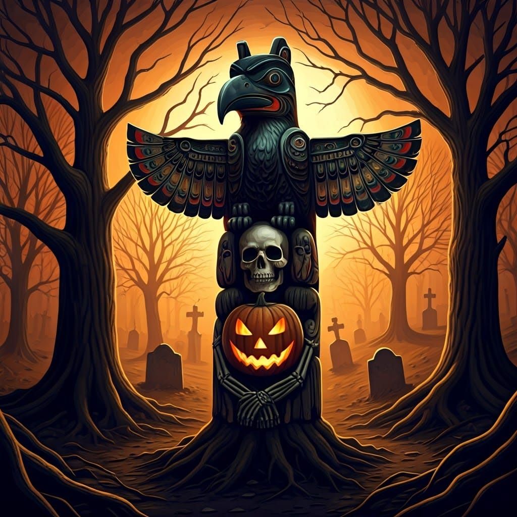 Eerie Totem Pole in Graveyard at Dusk