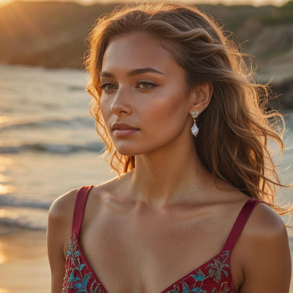 Glamorous Model in Ruby Dress at Sunrise: Fantasy Art