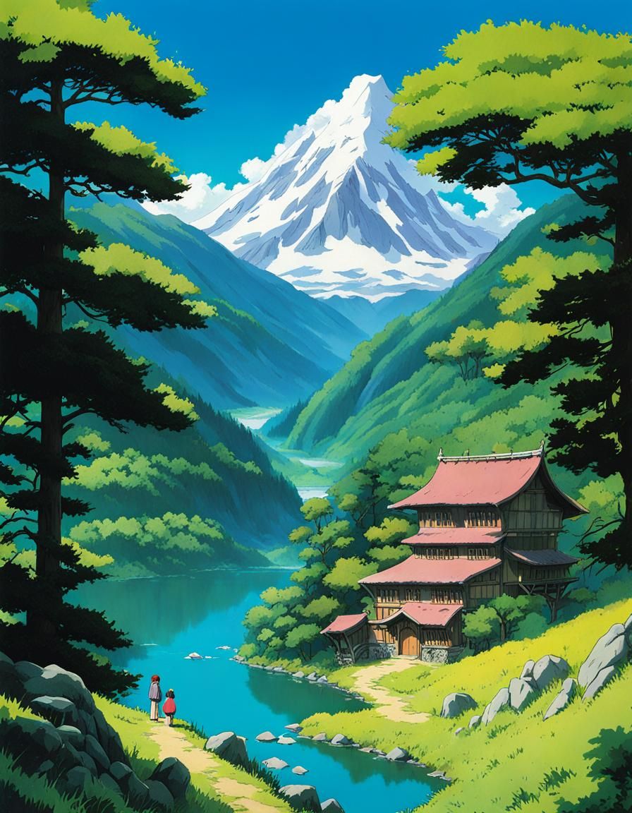 Dreamy Alpine Valley in Vibrant Anime Style