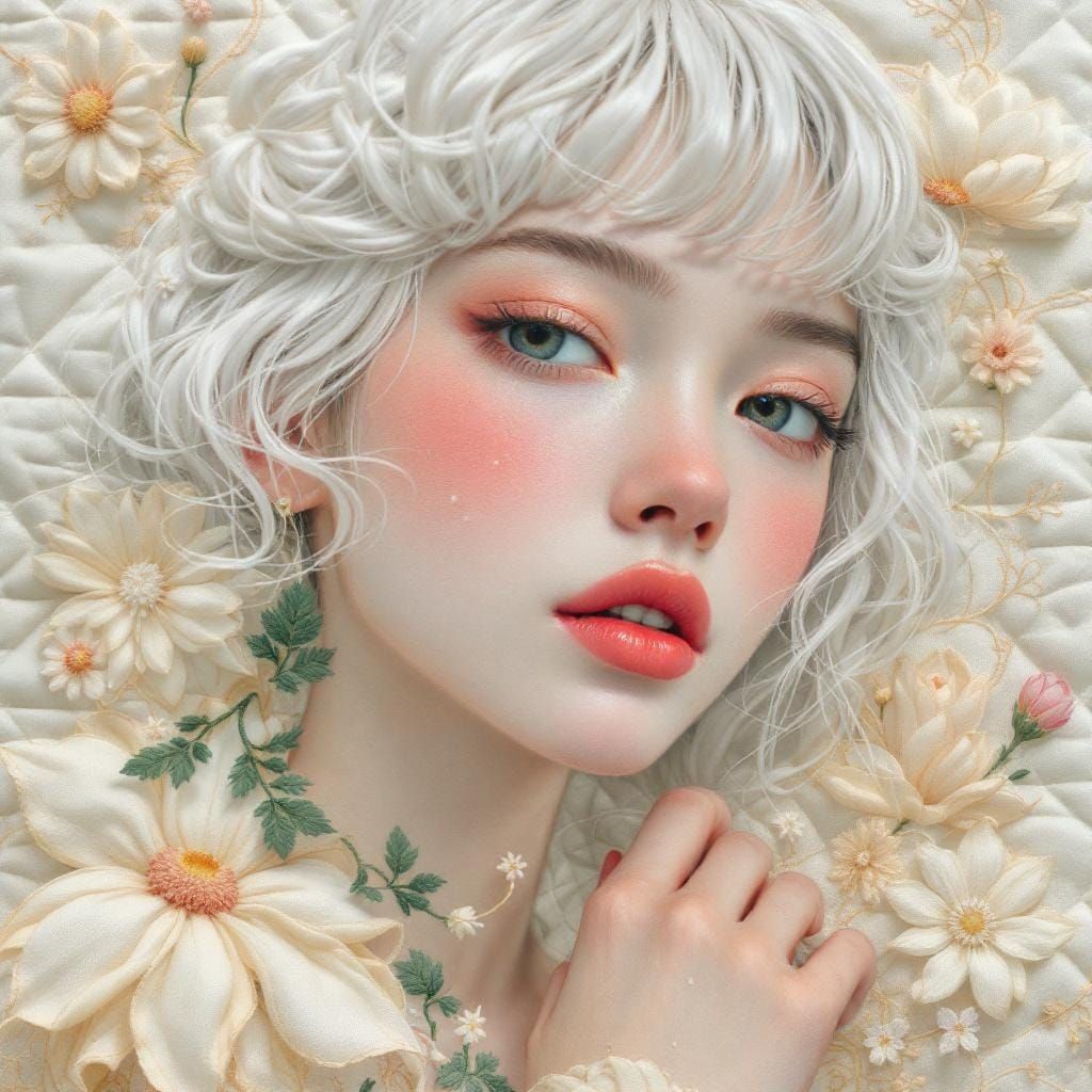 Sashiko Embroidery Portrait of Young Woman