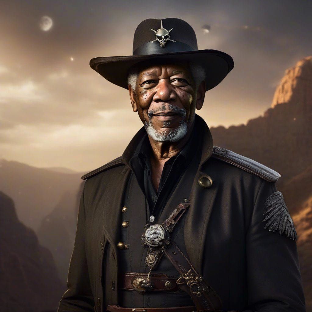 Portrait of morgan freeman as Space Pirate Captain Harlock from disney movie "Pirates of the space". Intricate _details....