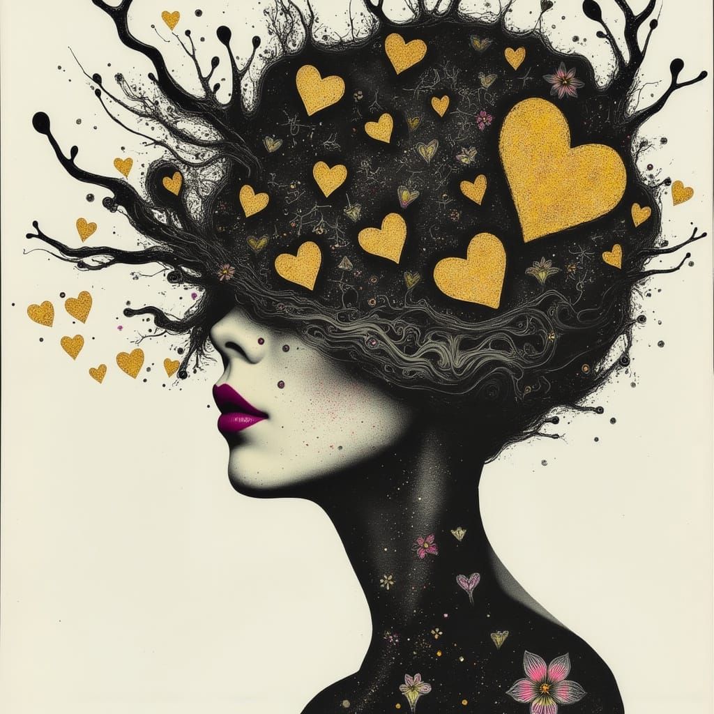 Abstract Woman in Swirling Ink Void with Gold Hearts