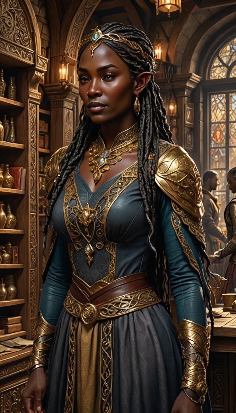 Elegant Dark Elf Matron in Opulent Medieval Shop