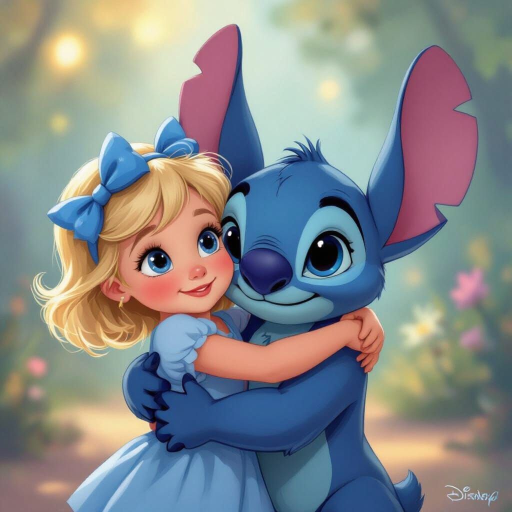 Stitch Hugs Girl in Blue Dress, Whimsical Animation Style