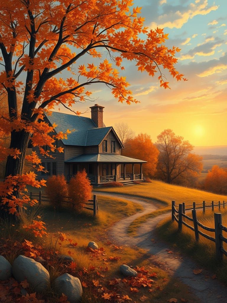 Serene Autumn Farmhouse at Golden Sunset