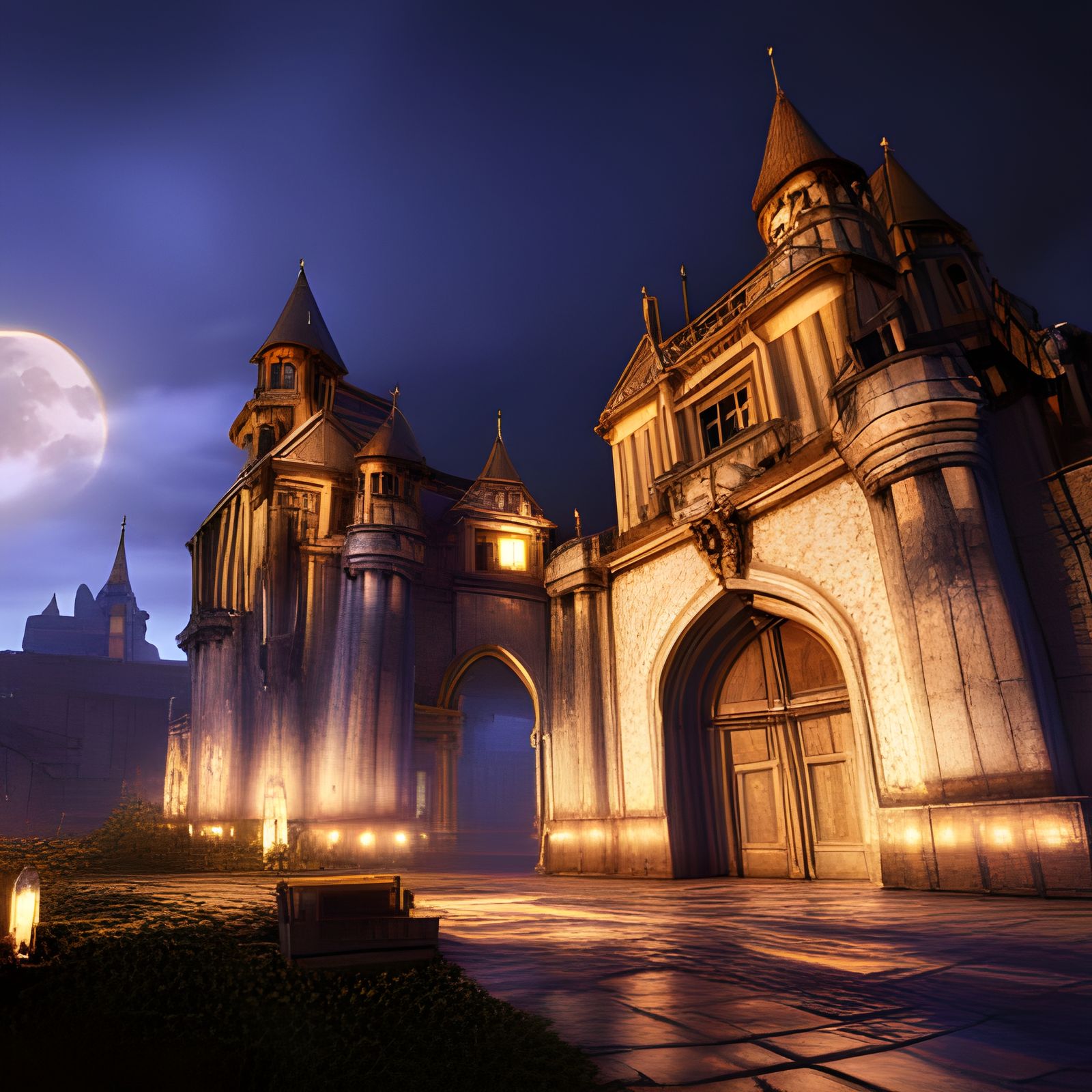 Magical Castle at Night in Detailed Matte Painting
