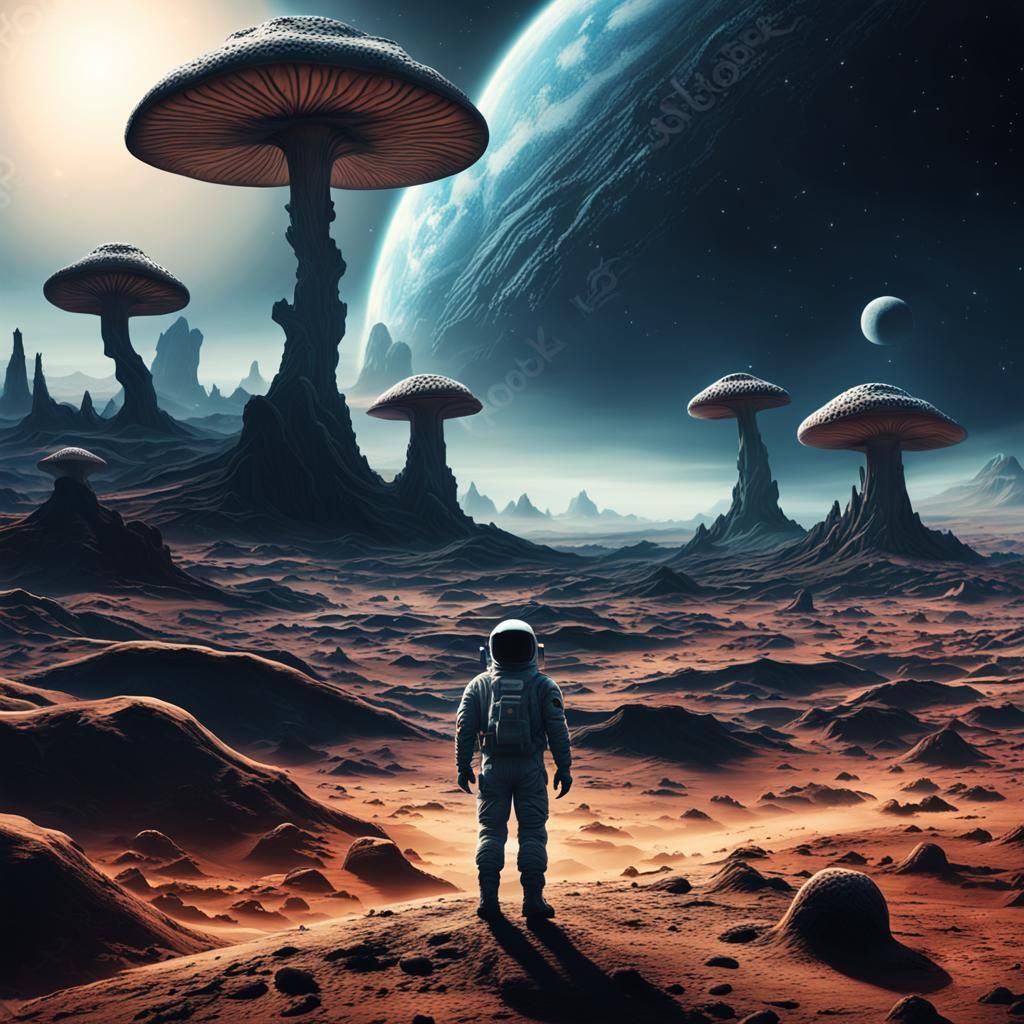 Astronaut Silhouette on Alien Mushroom Planet