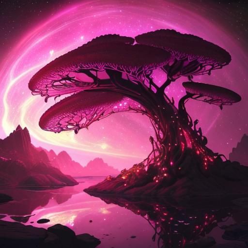 Bioluminescent Fractal Plants in a Galactic Night Sky