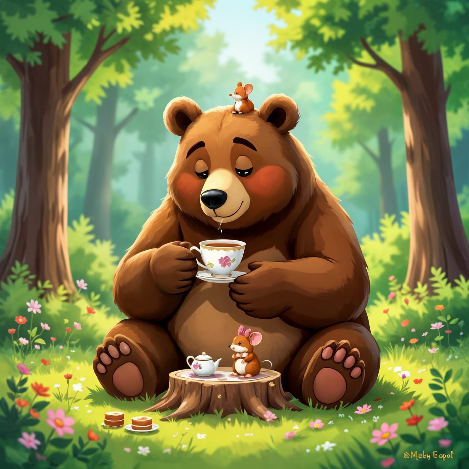 Gentle Bear Shares Tea with Mouse in Sunny Forest