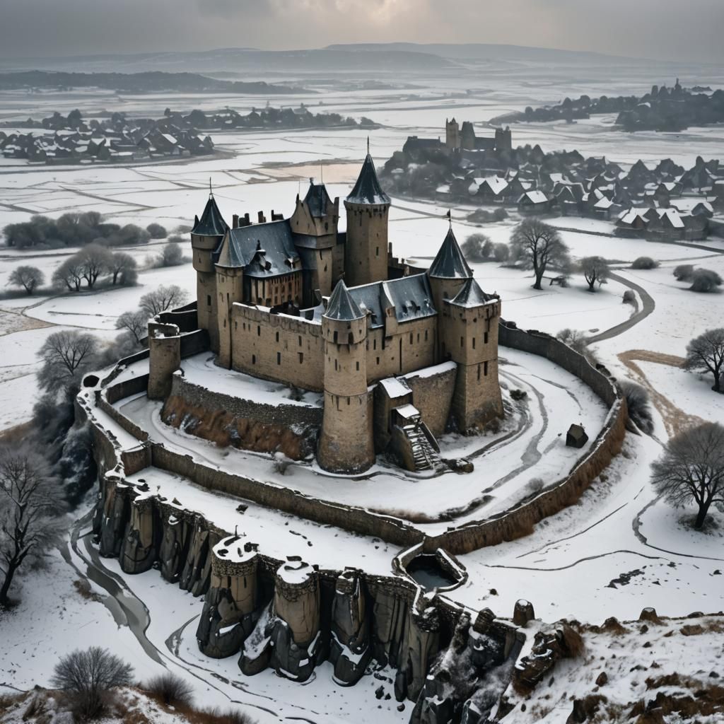 Small Medieval Castle in Winter Landscape