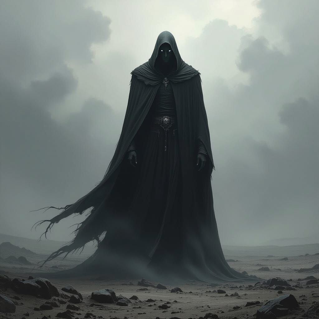Solitary Figure in Desolate Dark Fantasy Landscape