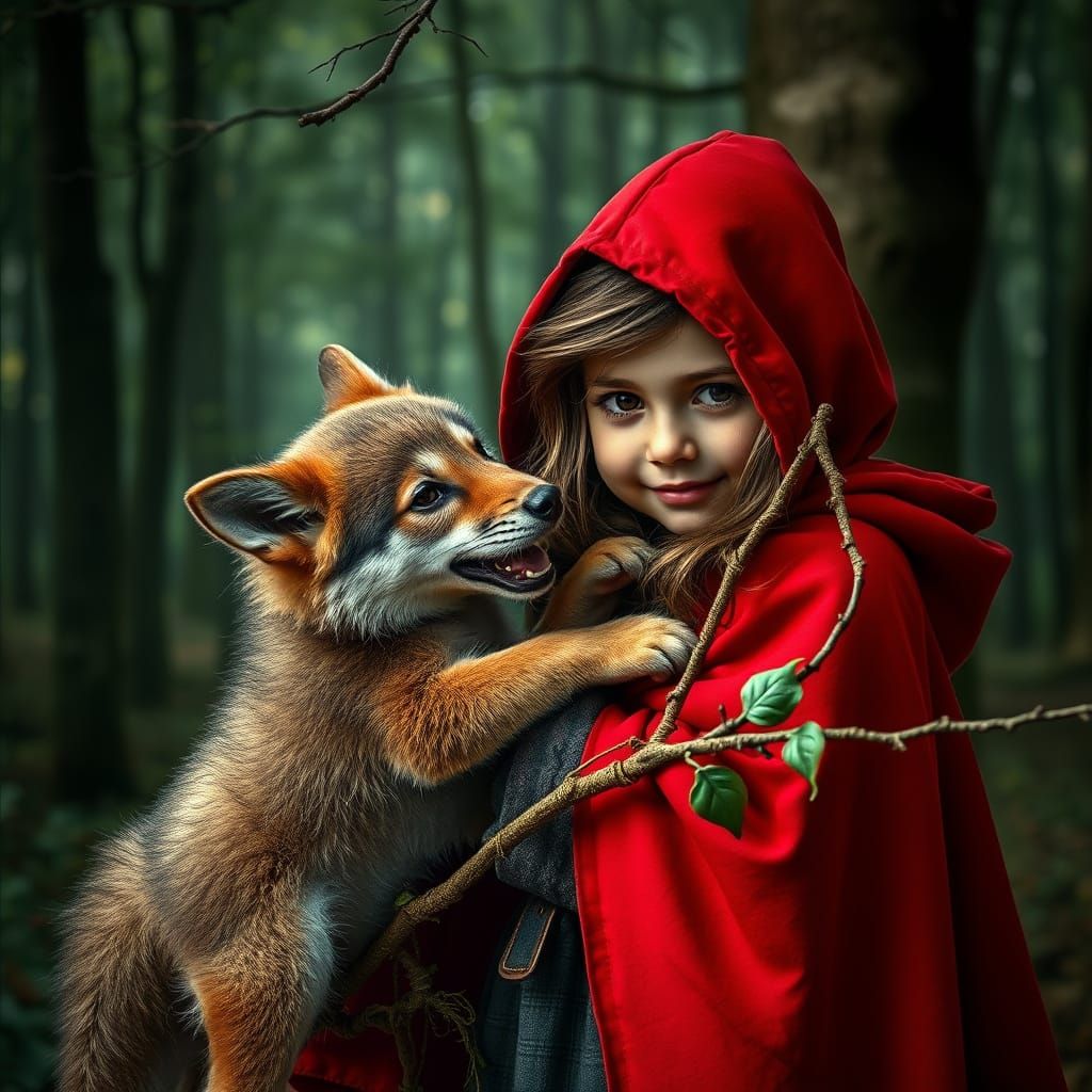 Girl in Red Cape Playfully Wrestles Wolf Pup in Forest
